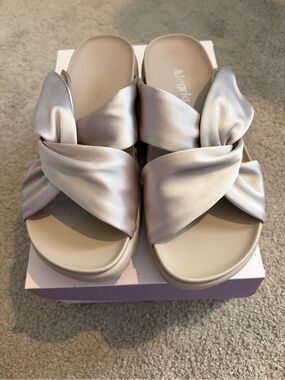Alegria Satin Twist Slide Sandals in Shimmering Pearl